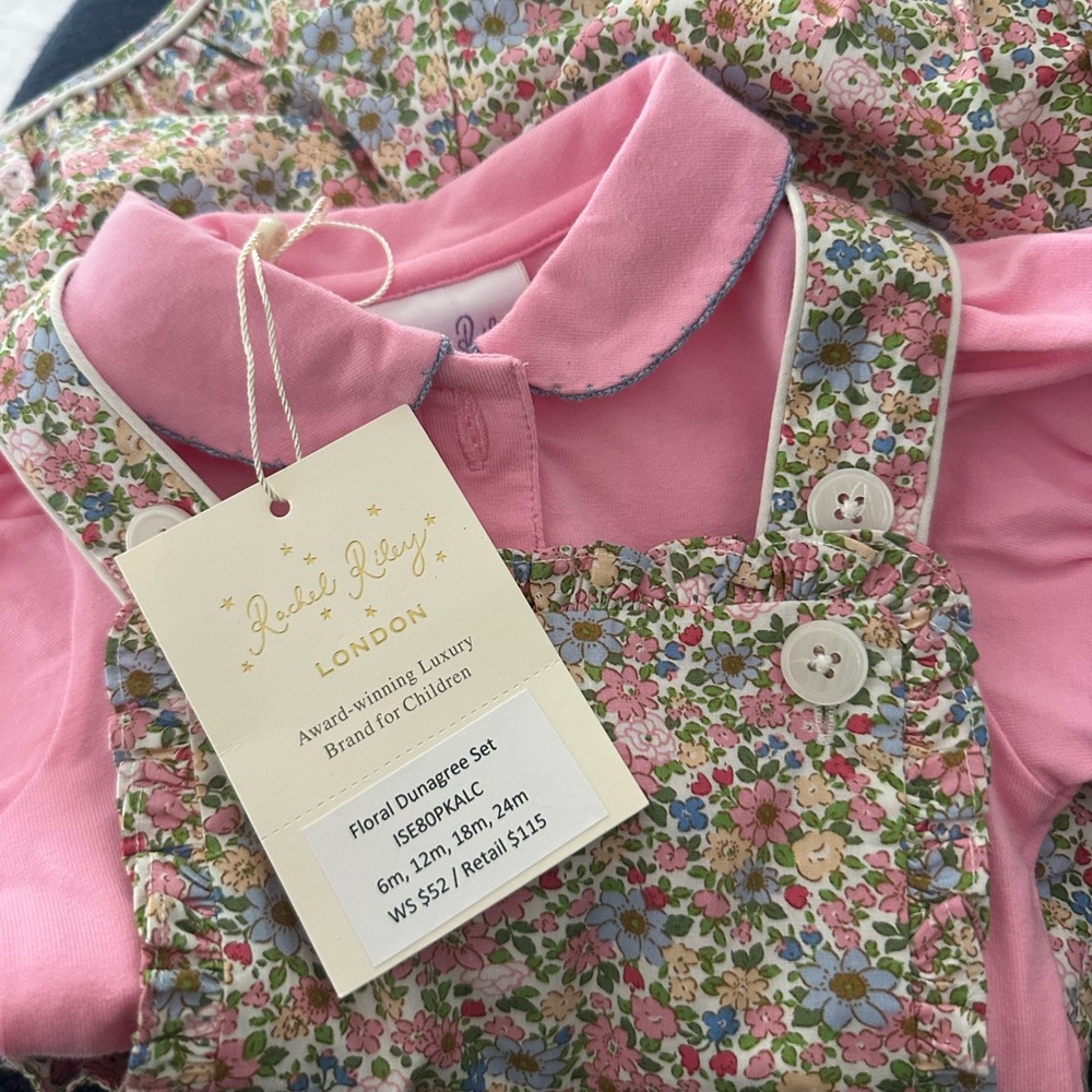 Rachel Riley Floral Dungaree Set baby romper in Pink 6m